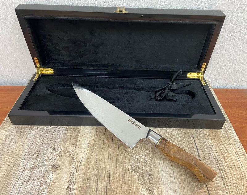 Brown chef knife with wooden box